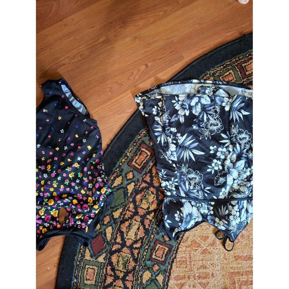Longitude Women's Black One-Piece Swimsuit Multicolor Floral Accents (Swi102)